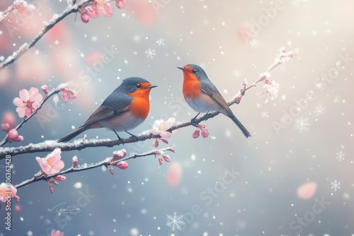 Robins on a cherry tree branch in winter, with delicate snowflakes gently falling.