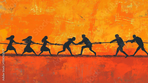 Tug of War  Teamwork  Competition  Struggle  Orange Background