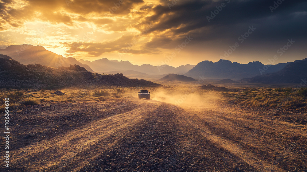 Obraz premium SUV Driving Desert Road Sunset Dramatic Landscape Adventure Travel
