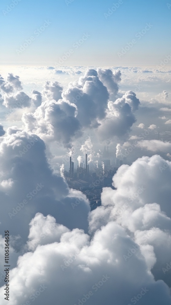 Fototapeta premium Factory chimneys emit smoke through dense clouds, blending industry with nature, AI
