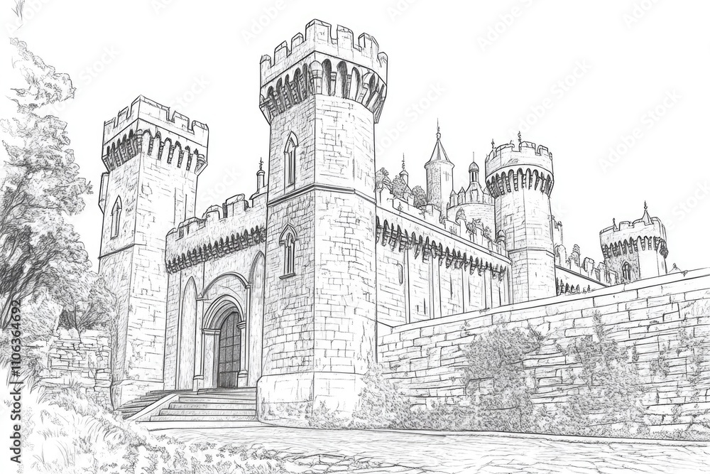 Illustration of a medieval-style castle with a prominent clock tower, suitable for use in fantasy or historical contexts Illustration of a medieval-style castle with a prominent clock tower, suitable for use in fantasy or historical contexts