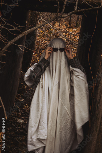 A ghostly figure draped in a white sheet wanders through a shadowy forest. It wears round sunglasses, creating a surreal contrast amidst the autumn leaves and dark trees. photo