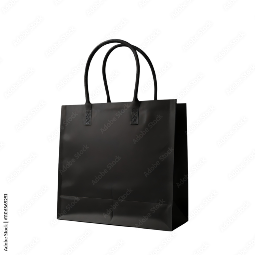 a black, rectangular, paper gift bag with black rope handles isolated on transparent background a black, rectangular, paper gift bag with black rope handles isolated on transparent background