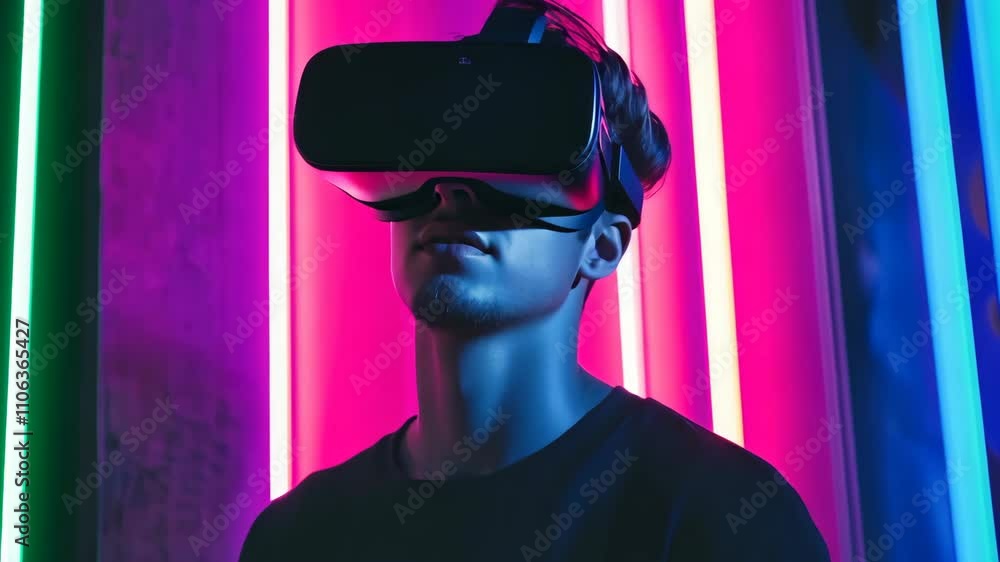 User engages with virtual reality technology amid vibrant neon lighting in a modern environment User engages with virtual reality technology amid vibrant neon lighting in a modern environment