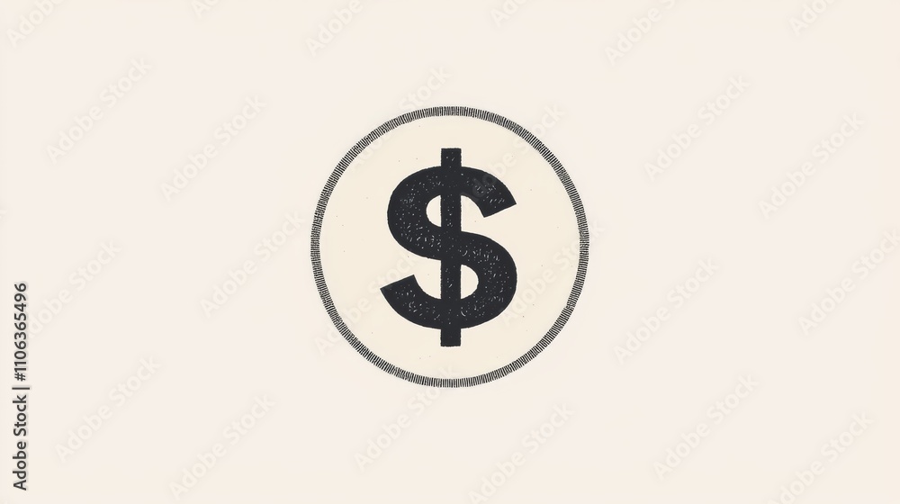 A bold dollar sign icon with a circular dotted frame on a beige background A bold dollar sign icon with a circular dotted frame on a beige background