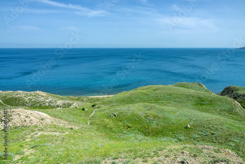 Clay-shale eroded coastal cliffs (badland), Northern Black Sea, Crimea. Forest cut down. Feodosiya low-mountain phrygana shrub-steppe landscape - cereals, astragalus, hollyhock, cruciferous, briar photo