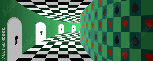 Wonderland background: magical room with chessboard floor and many keyhole doors