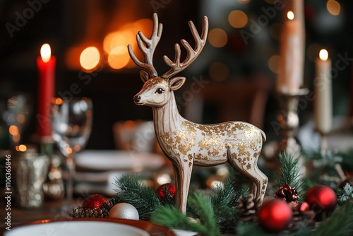 A medium close-up of a wooden deer ornament painted with golden accents, placed on a table beside red and green garlands, luxury dining room lighting 4 photo