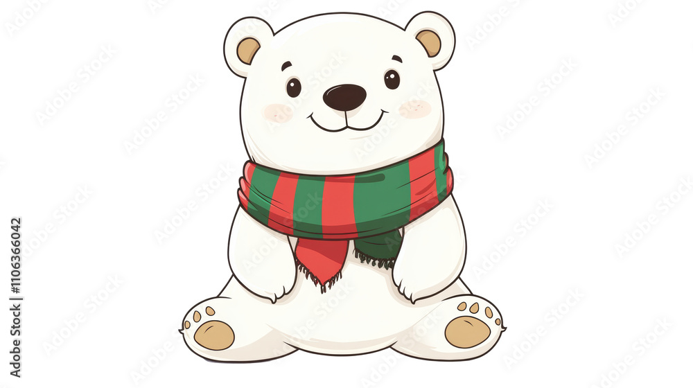 Cute polar bear sitting and wearing christmas scarf on transparent background