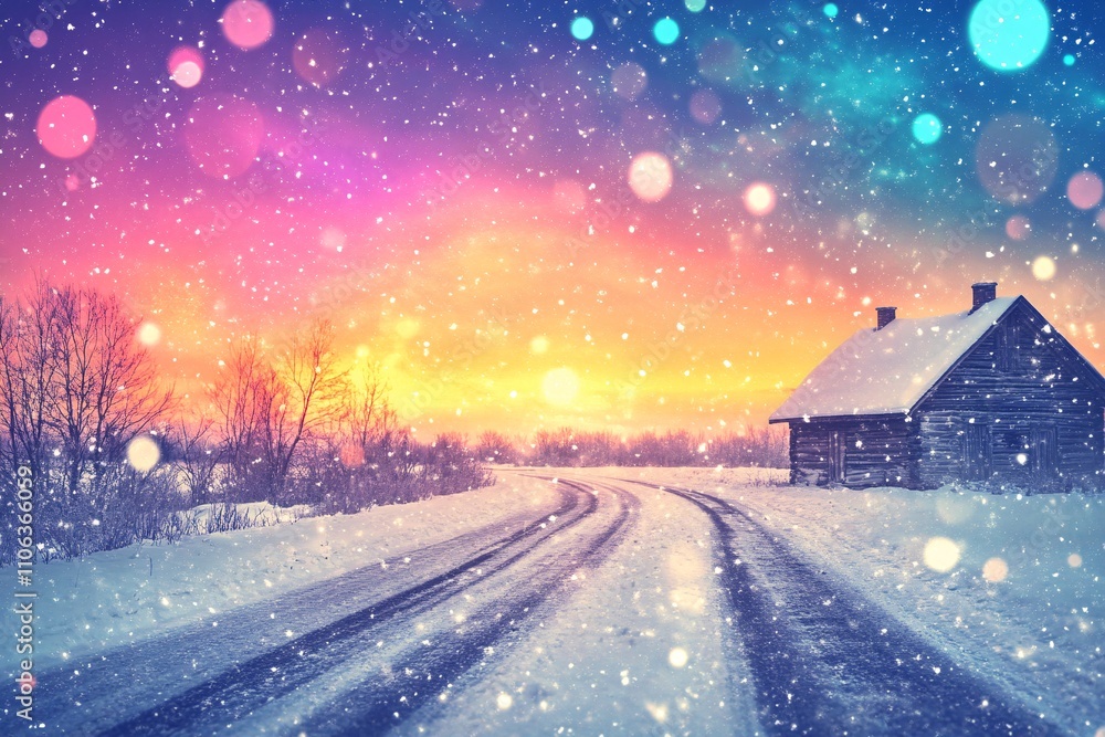 A long snowy road with heavy snowflakes falling, a wooden house on the right side, under a vibrant colorful sky with shining galaxy in the background, calm winter night 3 A long snowy road with heavy snowflakes falling, a wooden house on the right side, under a vibrant colorful sky with shining galaxy in the background, calm winter night 3