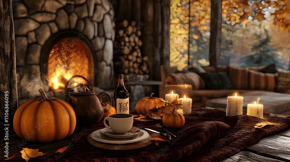 A cozy autumn scene with a cup of hot cocoa, surrounded by fall decorations like leaves and pumpkins A cozy autumn scene with a cup of hot cocoa, surrounded by fall decorations like leaves and pumpkins