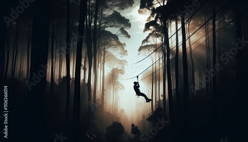 A person zip-lining through a dense forest, silhouette, action photography, aesthetics,