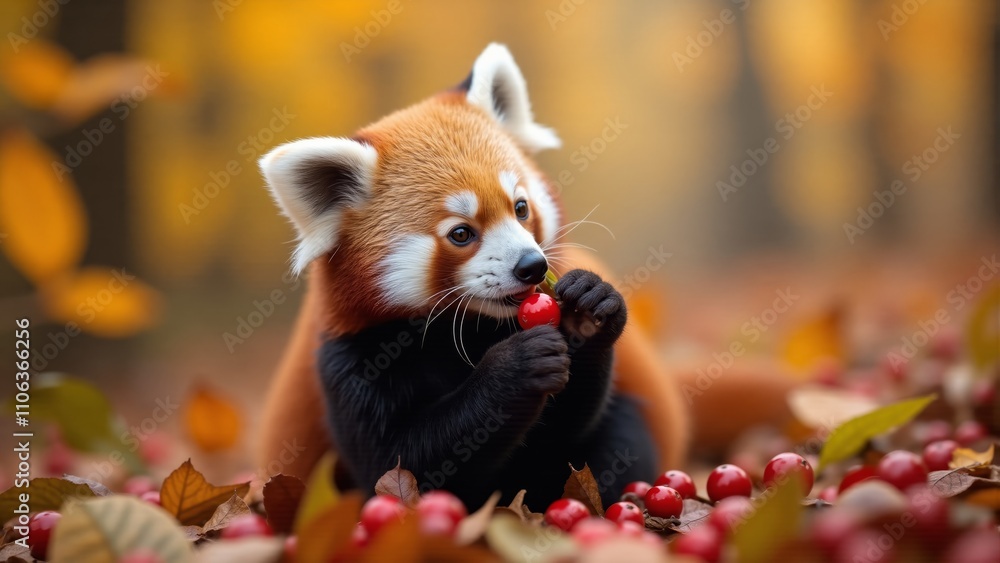 Obraz premium A playful red panda explores a colorful autumn forest, gathering berries among fallen leaves