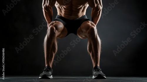 A man with a muscular body is posing with his legs spread apart