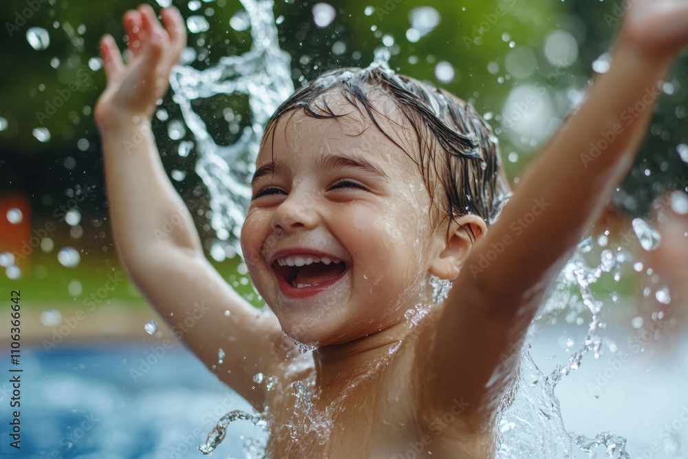 Obraz premium A young child is splashing in a pool, smiling and laughing