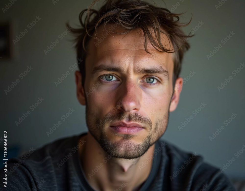 A young man from Russia gazes directly at the viewer with striking blue eyes. Tousled hair and relaxed expression. Introspection and tranquility. Portrait of a handsome man of 30 years. Generative AI A young man from Russia gazes directly at the viewer with striking blue eyes. Tousled hair and relaxed expression. Introspection and tranquility. Portrait of a handsome man of 30 years. Generative AI