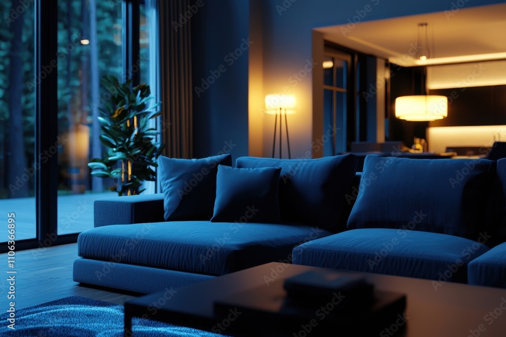 A blue couch is in a living room with a window and a potted plant A blue couch is in a living room with a window and a potted plant