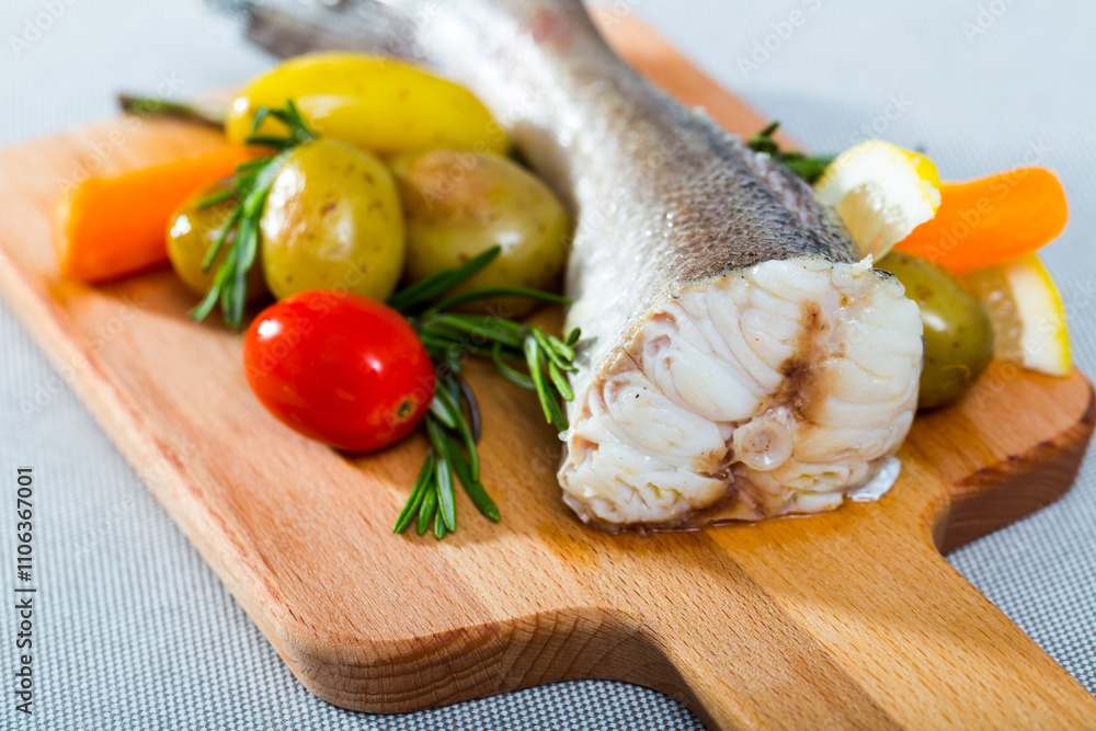 Hake baked by rustically style. Hake 250 gramm (it is better to take the tail), rub it with salt and pepper, bake in the oven for 20 minutes at 220 gramm Served with potatoes and fresh vegetables Hake baked by rustically style. Hake 250 gramm (it is better to take the tail), rub it with salt and pepper, bake in the oven for 20 minutes at 220 gramm Served with potatoes and fresh vegetables