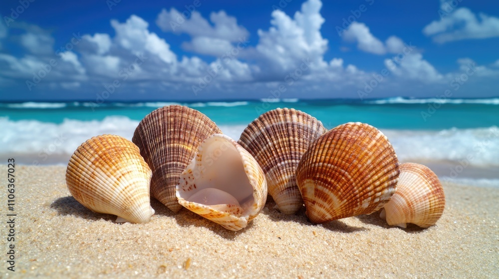 A collection of seashells scattered on a sunny sandy beach, perfect for a coastal-themed image A collection of seashells scattered on a sunny sandy beach, perfect for a coastal-themed image