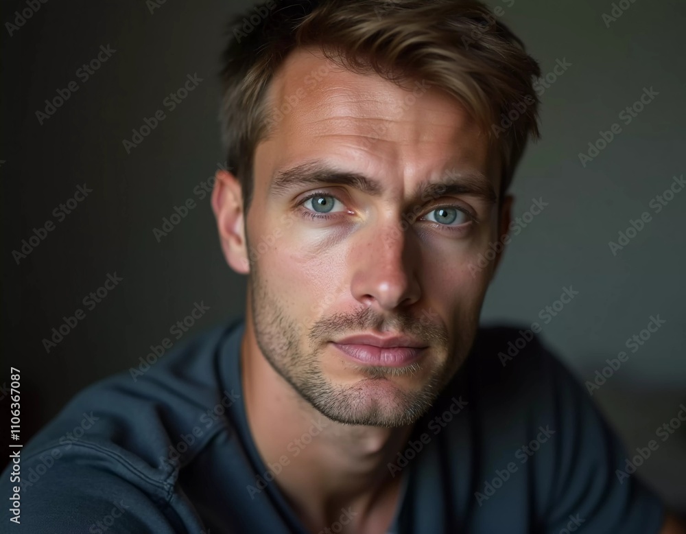 A young man from Russia gazes directly at the viewer with striking blue eyes. Tousled hair and relaxed expression. Introspection and tranquility. Portrait of a handsome man of 30 years. Generative AI A young man from Russia gazes directly at the viewer with striking blue eyes. Tousled hair and relaxed expression. Introspection and tranquility. Portrait of a handsome man of 30 years. Generative AI