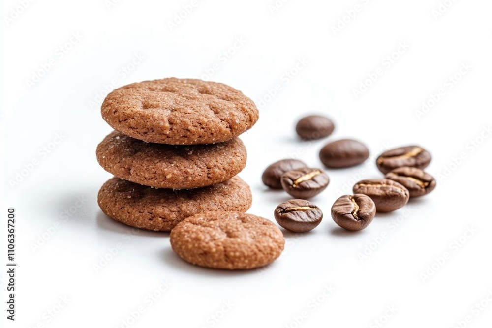 A stack of cookies and coffee beans on a white surface, perfect for baking or office break room A stack of cookies and coffee beans on a white surface, perfect for baking or office break room