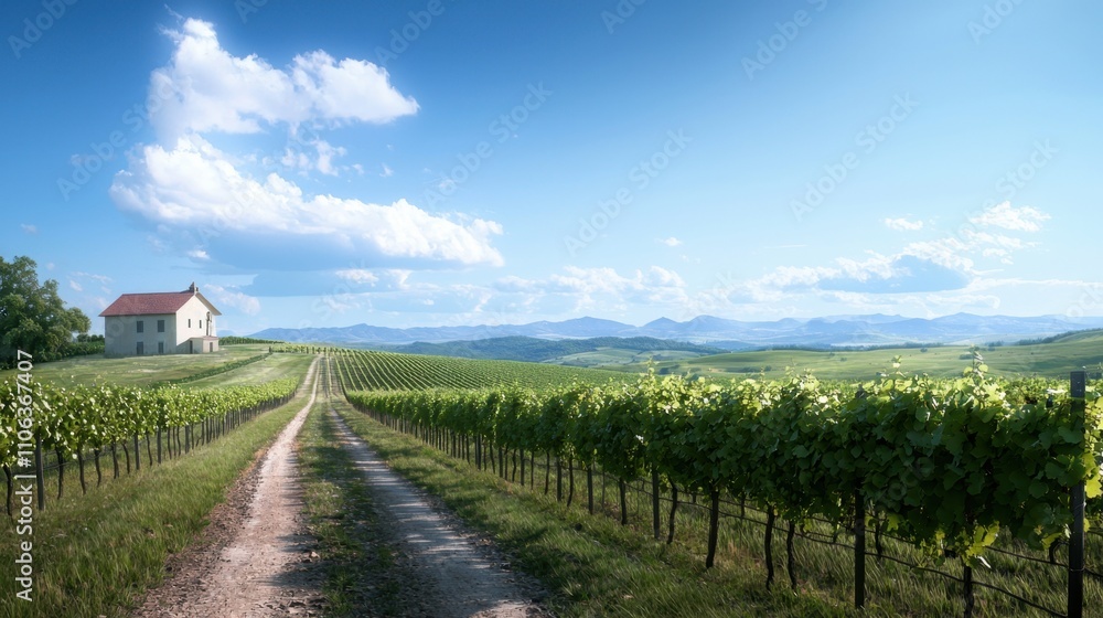 Fototapeta premium A road runs through a vineyard with a white house in the distance
