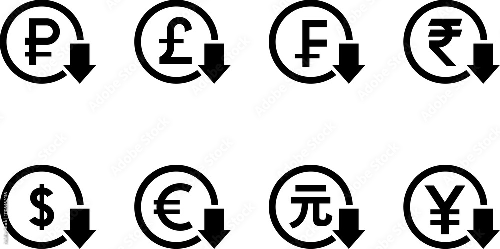 Currency Exchange. Currency exchange rate icon. Stock market. Cost reduction. Cost increase icon. Price reduced, discount icon. Financial or business sign