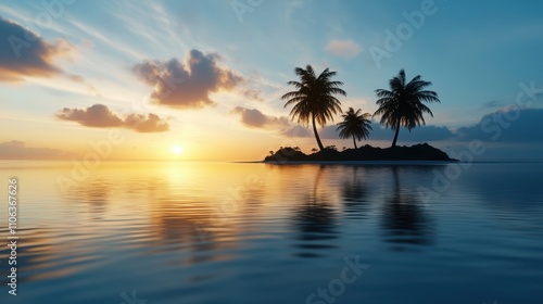 A beautiful island with two palm trees and a sunset in the background