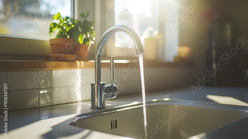 A kitchen sink with a faucet running from it