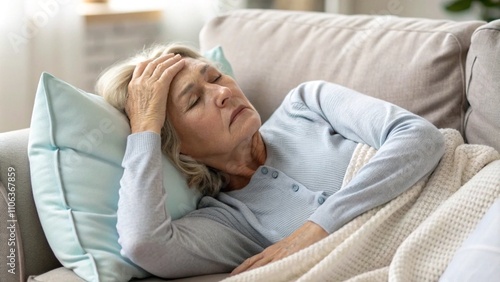 Weak senior woman lie on sofa keep arm on head feel pain dizzy headache suffer from menopause symptoms low blood pressure. Fatigue aged female relax on soft pillow sleep at daytime too tired from heat