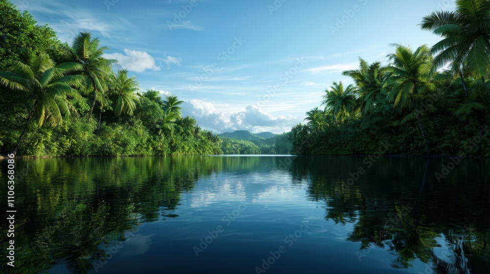 A beautiful tropical forest with a calm river running through it A beautiful tropical forest with a calm river running through it