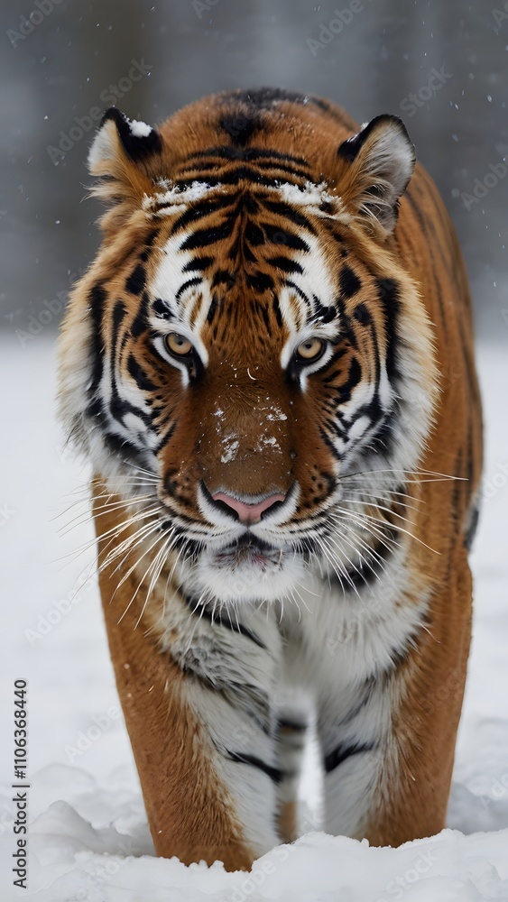 Naklejka premium Tiger in Snow Wallpaper Showcasing Majestic Wildlife, Winter Scene, Intense Gaze, and Natural Beauty
