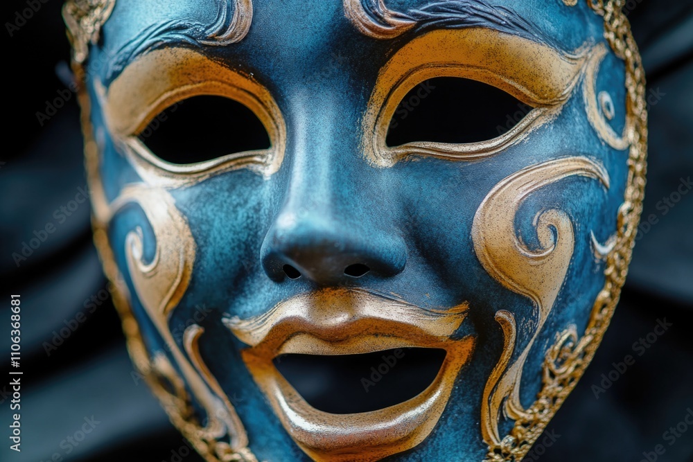 A detailed view of a blue and gold mask A detailed view of a blue and gold mask
