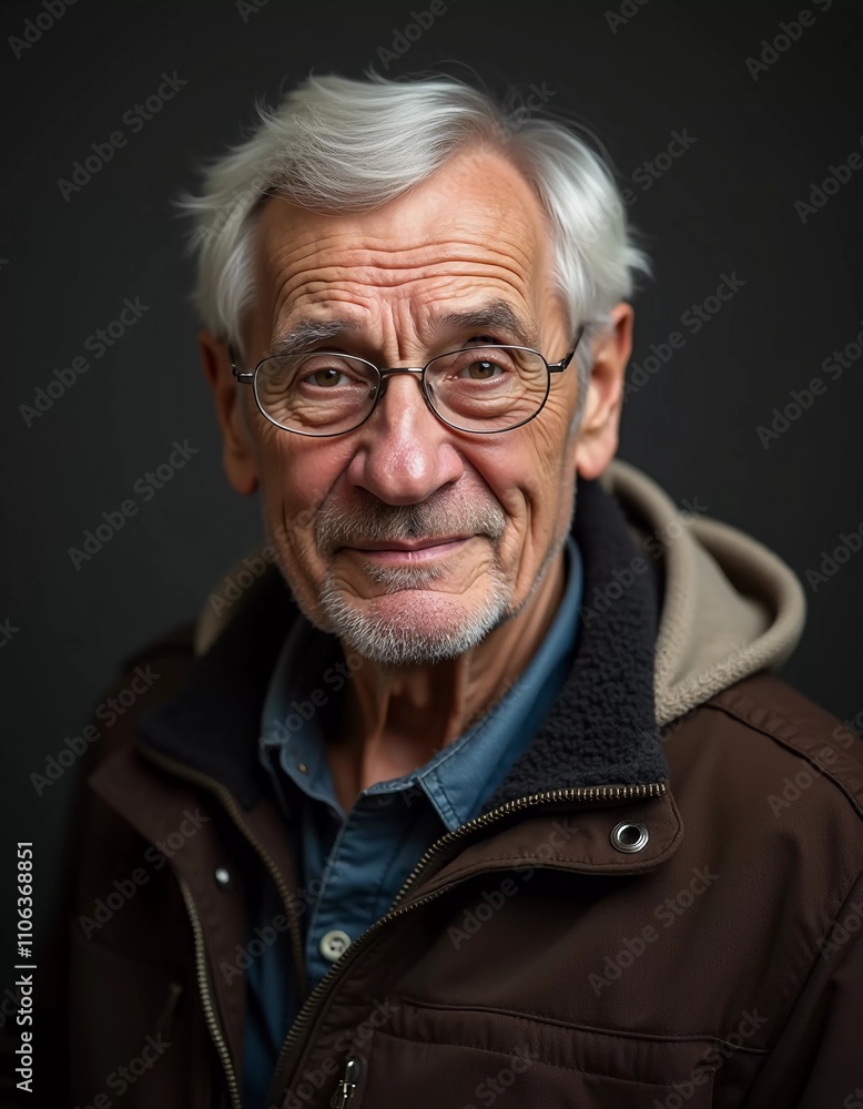 A senior man stands confidently, wearing a black jacket. Softly lit background. Portrait of a Russian man, 60-70-80 years old. Serious, wise, thoughtful face. Pensioner with gray hair. Generative AI