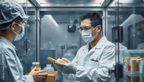 A quality supervisor or a food or pharmaceutical technician inspects the quality of food and drugs before sending the product to the customer. Employees are in an industrial water containment chambe photo