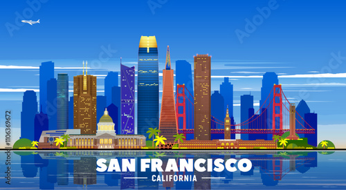 San Francisco City (USA) line skyline with panorama in white background. Vector Illustration. Business travel and tourism concept with modern buildings. Image for banner or website.