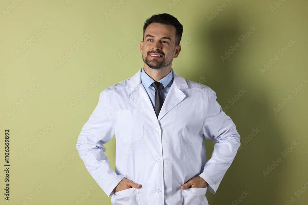 Portrait of smiling doctor on olive background Portrait of smiling doctor on olive background