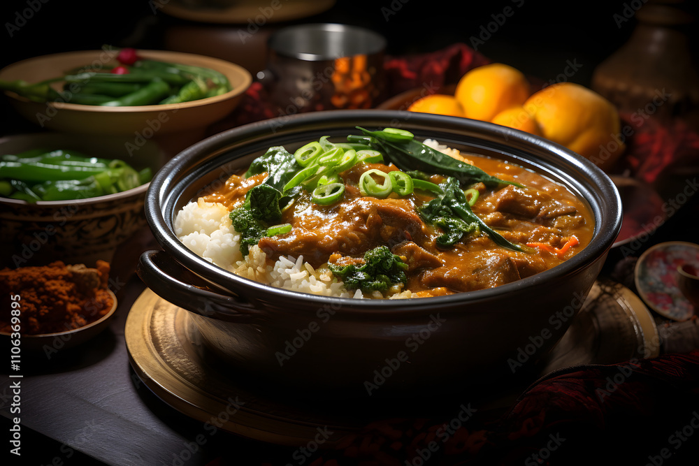 Savory Curry Beef Stew with Rice and Green Vegetables Savory Curry Beef Stew with Rice and Green Vegetables
