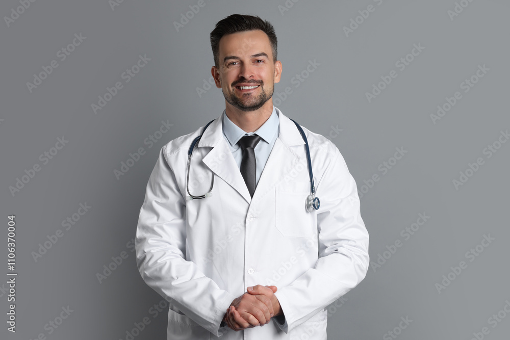 Smiling doctor with stethoscope on grey background Smiling doctor with stethoscope on grey background