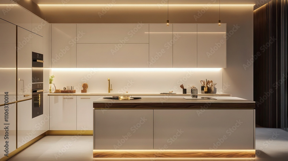 A sleek kitchen with glossy white cabinets, soft ambient lighting, and a central island with wooden accents, featuring brass hardware and minimalist decor. A sleek kitchen with glossy white cabinets, soft ambient lighting, and a central island with wooden accents, featuring brass hardware and minimalist decor.