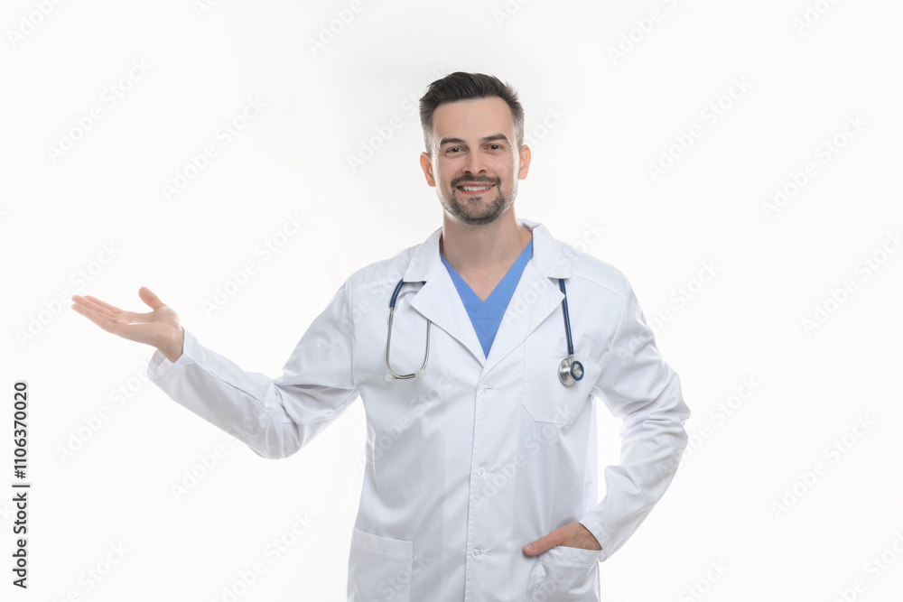 Smiling doctor with stethoscope pointing at something on white background Smiling doctor with stethoscope pointing at something on white background