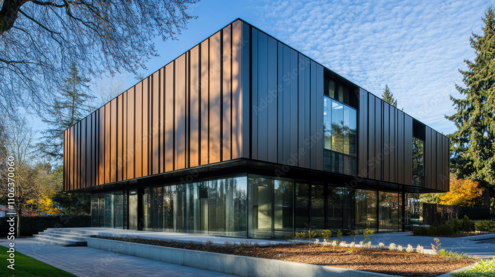 Obraz premium Modern architectural design of a glass and metal building surrounded by lush greenery on a clear day in an urban park