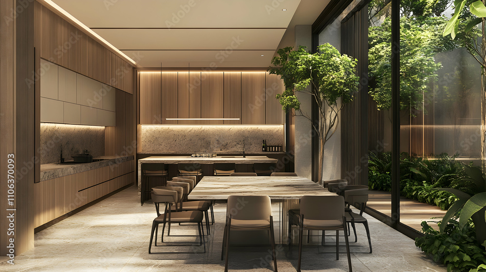 Chic dining space with a marble table, modern chairs, and greenery accents. 4k image Chic dining space with a marble table, modern chairs, and greenery accents. 4k image