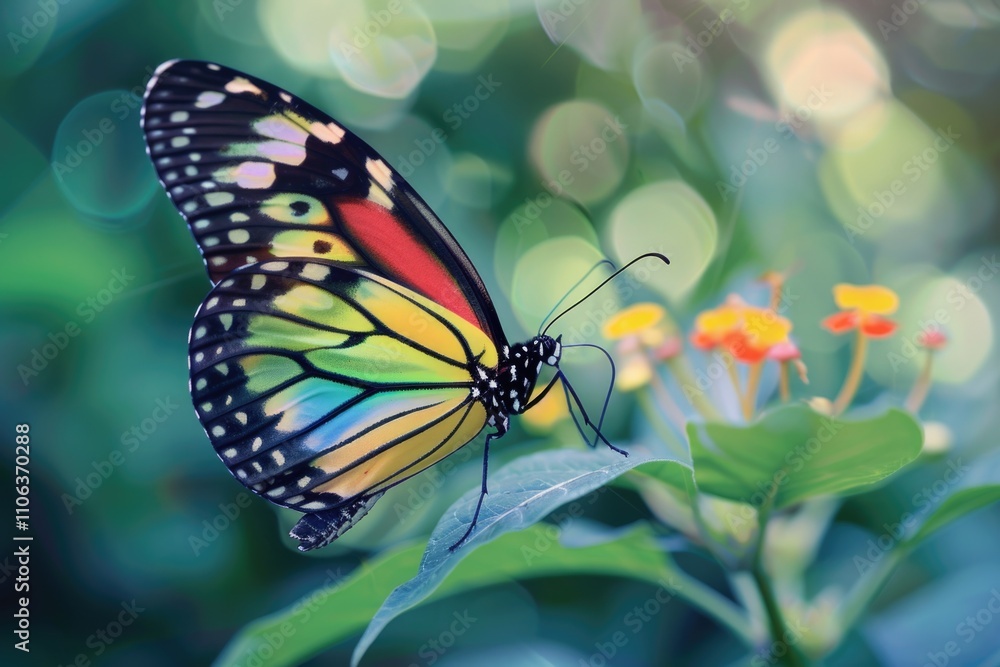 A colorful butterfly perches on the edge of a lush green leaf, showcasing its vibrant colors and delicate features A colorful butterfly perches on the edge of a lush green leaf, showcasing its vibrant colors and delicate features
