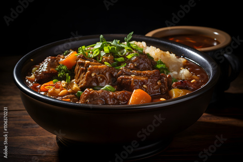 Hearty Beef Stew with Root Vegetables and Steamed Rice