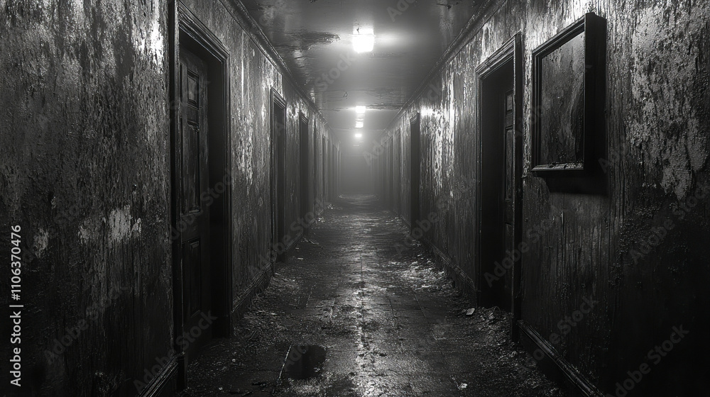 Eerie abandoned hallway with dim lighting and peeling walls Eerie abandoned hallway with dim lighting and peeling walls