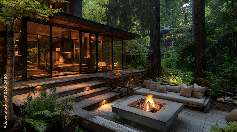 Forest retreat with natural wood, a fire pit, and cozy outdoor seating. 4k image Forest retreat with natural wood, a fire pit, and cozy outdoor seating. 4k image