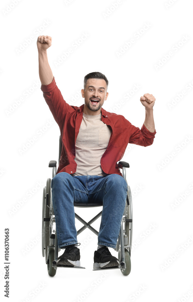 Excited man in wheelchair on white background Excited man in wheelchair on white background