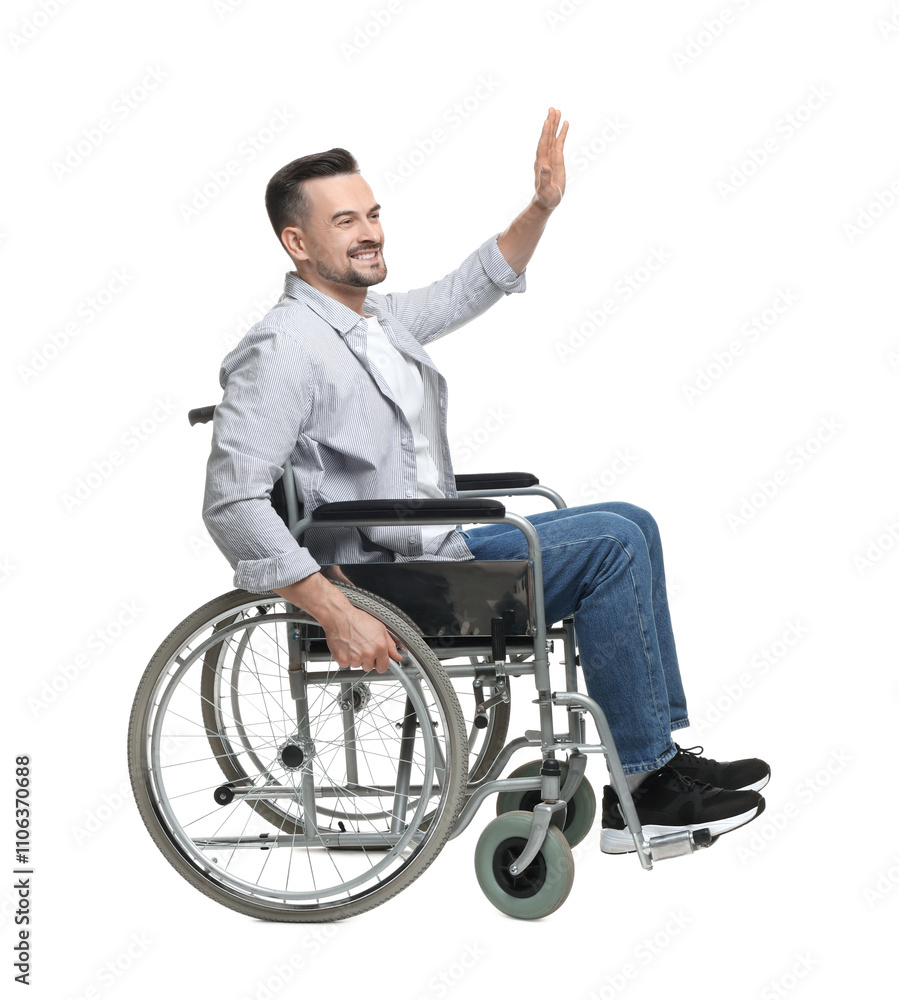 Man in wheelchair waving at someone on white background Man in wheelchair waving at someone on white background