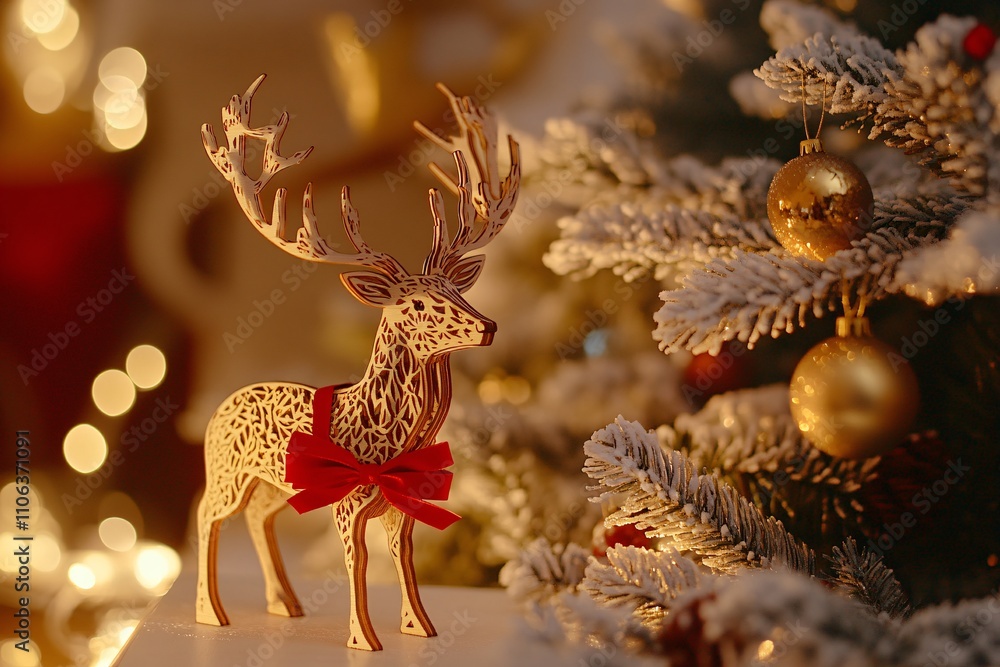 Fototapeta premium A close-up of a wooden deer ornament with detailed carvings and red ribbons, on a white table near a frosted Christmas tree, glowing warm lights, luxury interior 2